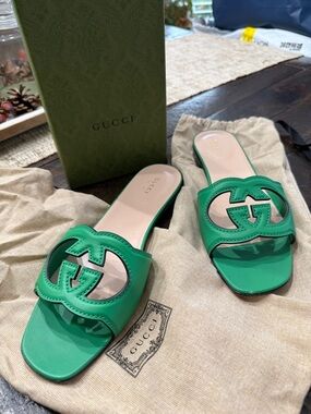 Gucci Green Leather GG Cutout Slide Sandals